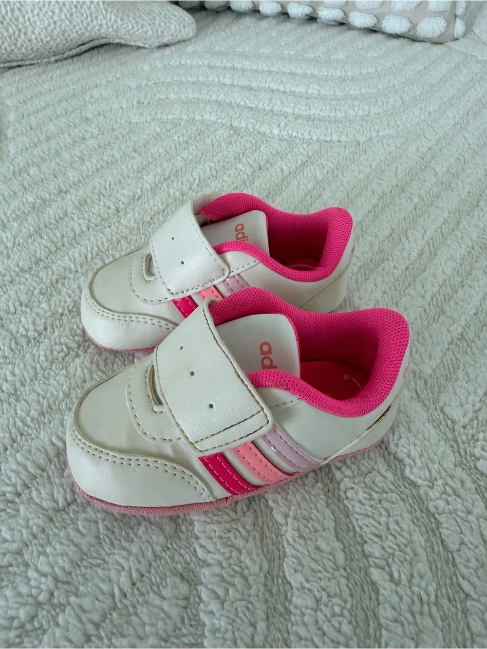 ADIDAS White Sneakers with Pink & Light Pink Stripes- BABY- size 3/6 M